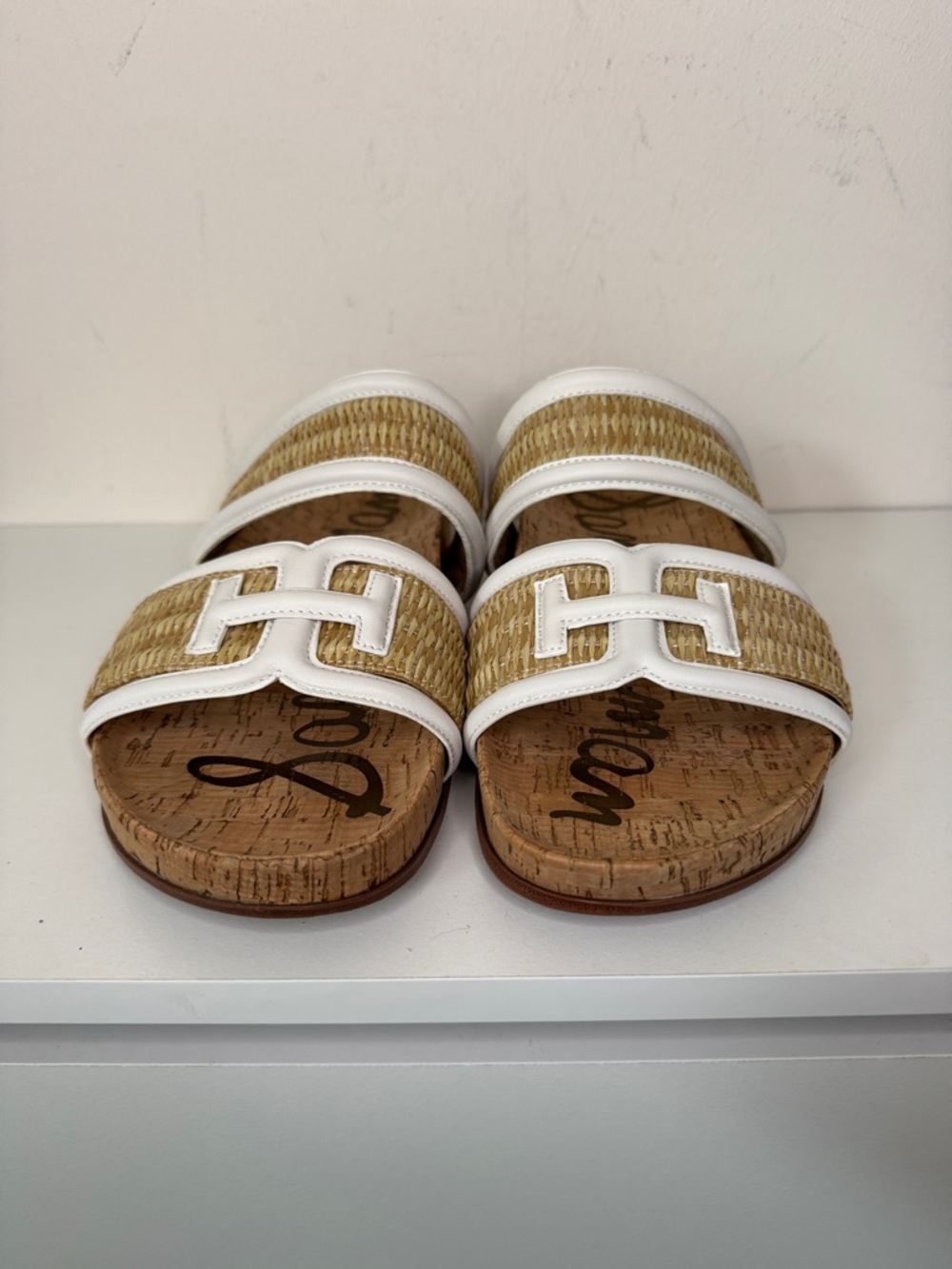 Sam Edelman White Natural Raffia Cork Slide Sandals Womens Summer Resort - Picture 3 of 11